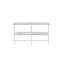 Table demi-lune en chêne blanc, démontable, compartiment de rangement ouvert avec tablette fixe, plateau en placage papier et plomb, structure tubulaire métallique en forme de X, largeur 122 cm, hauteur 76 cm, profondeur 41 cm, capacité de charge 32 kg.-1565855744