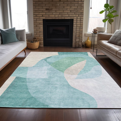 Machine Washable Indoor/Outdoor Xhevrie Seafoam Rug