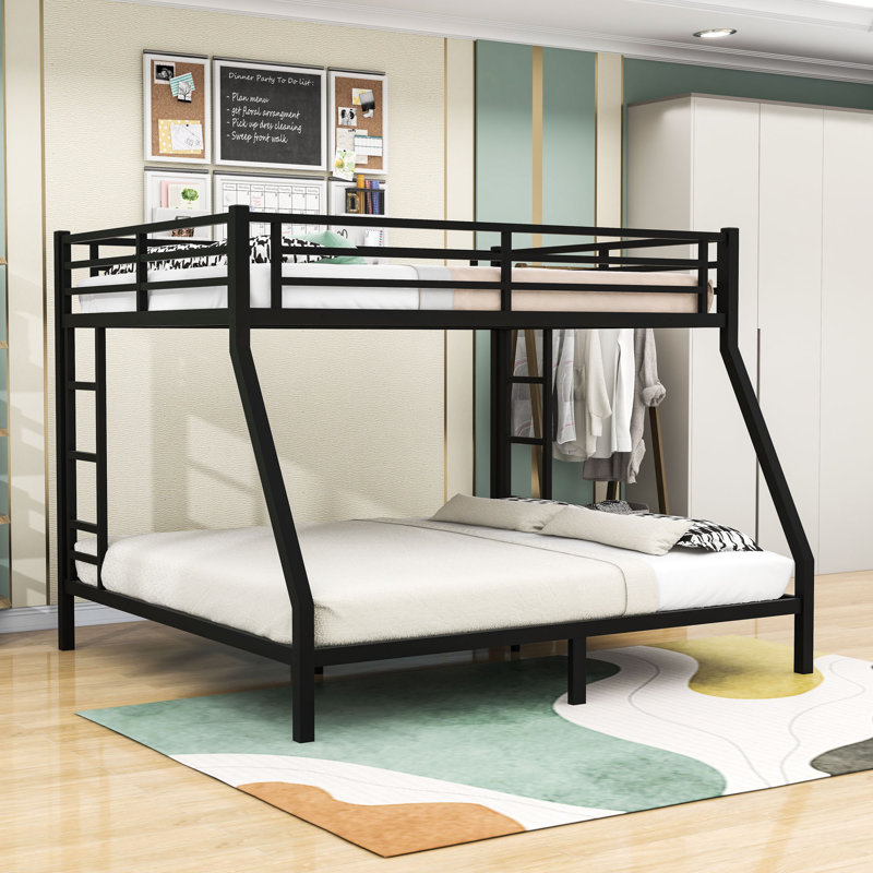  Metal Bunk Bed with Guardrails, Queen Over King, Black