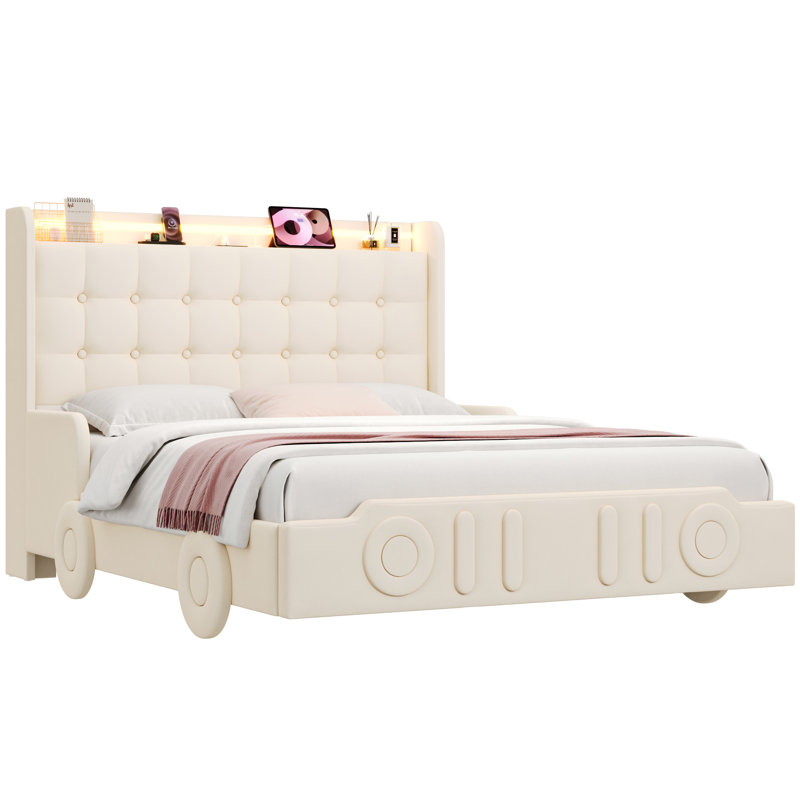 Structure de lit tapissier avec éclairage DEL, ports USB, casiers latéraux et 2 tiroirs de rangement sous le lit, lit plateforme moderne crème