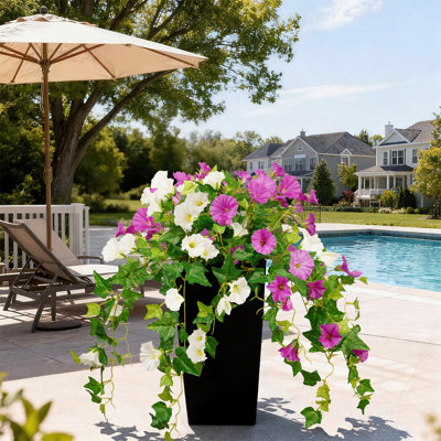 Set of 2 Artificial Petunia Flower Display with Black Square Planter Fake Flower Faux Plant  – Purple & White