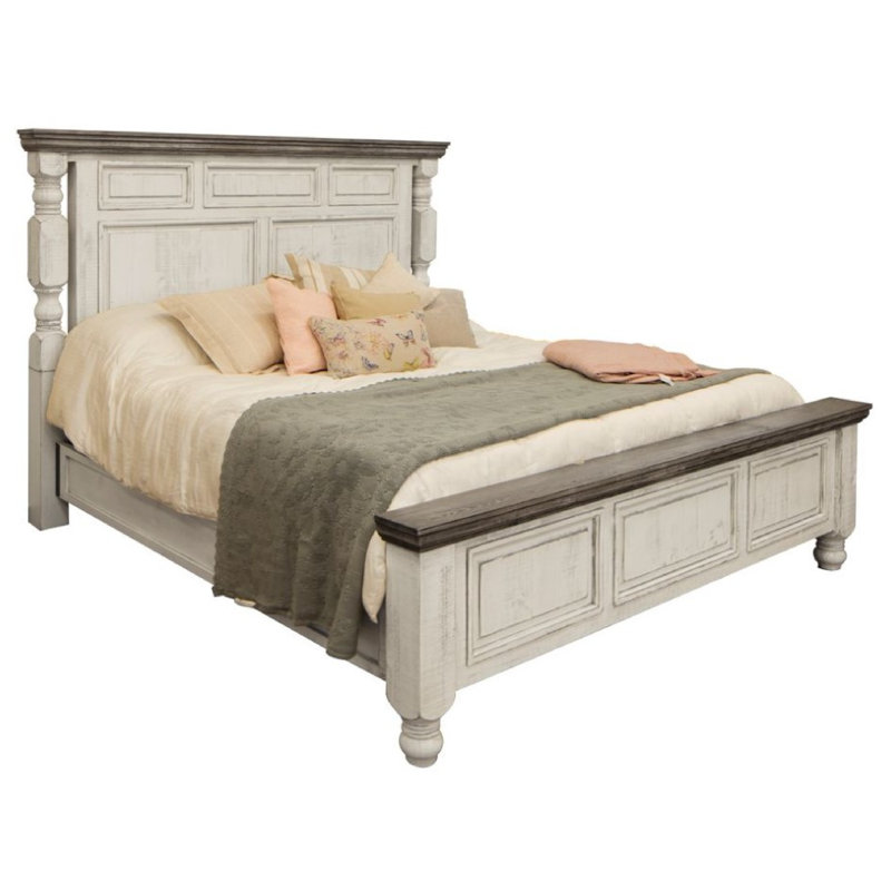 Sim Bed, Carved Details, Rustic Pine Wood, King, White;Gray