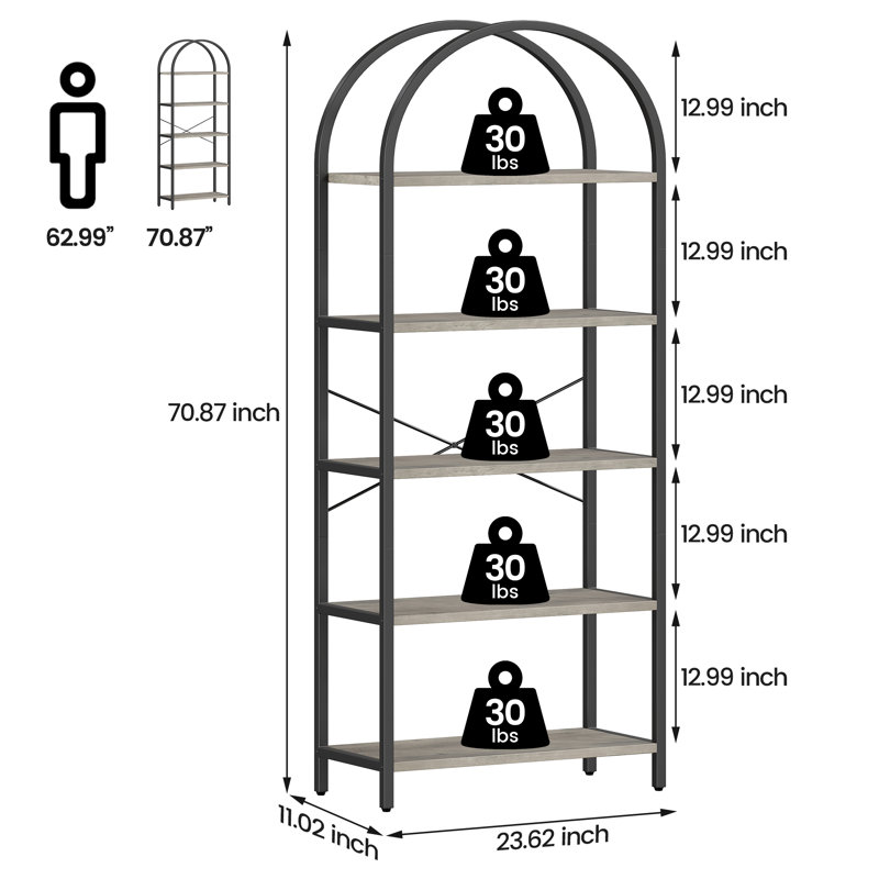 180cm H x 60cm W Metal Etagere Bookcase, Black/Grey