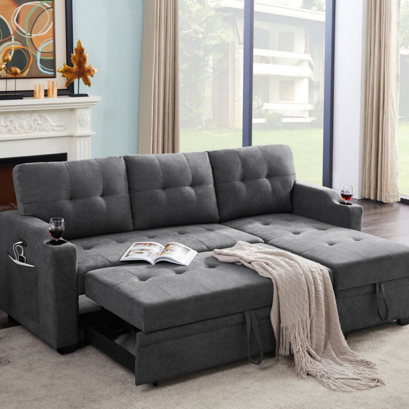 Canapé-lit 83 po en tissu tissé gris foncé avec porte-gobelet, port de chargement USB et poche, Tissu gris foncé