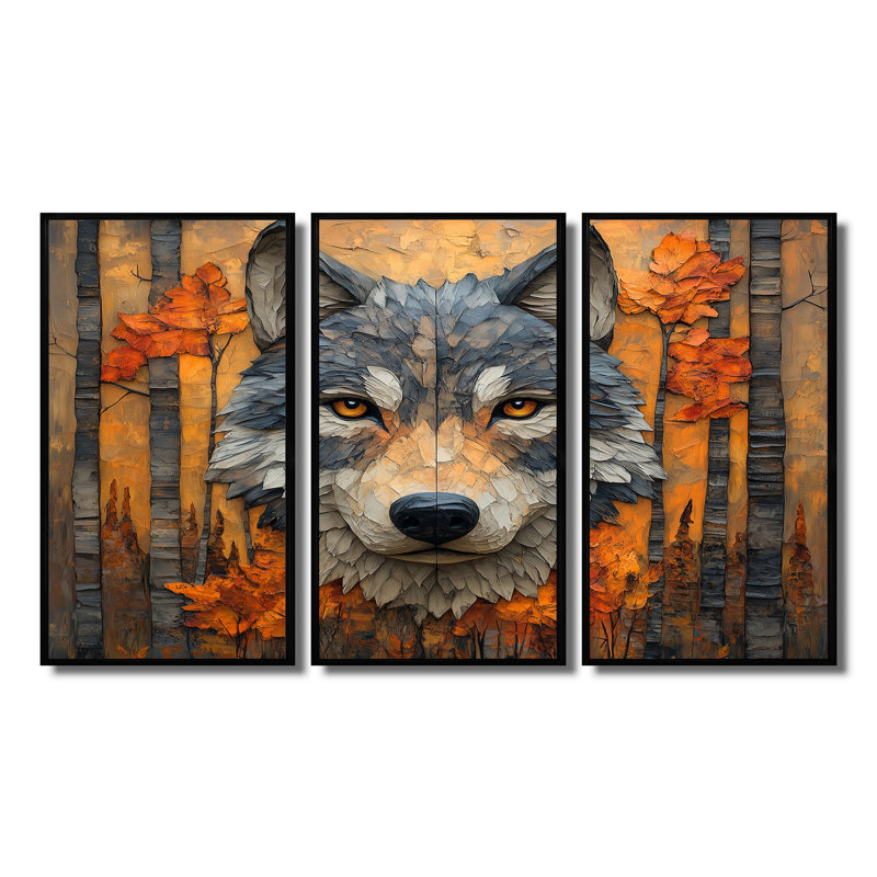 «Orange Native Wolf and Forest II - Native American Art Totem», reproduction d'art, Toile avec cadre flottant noir