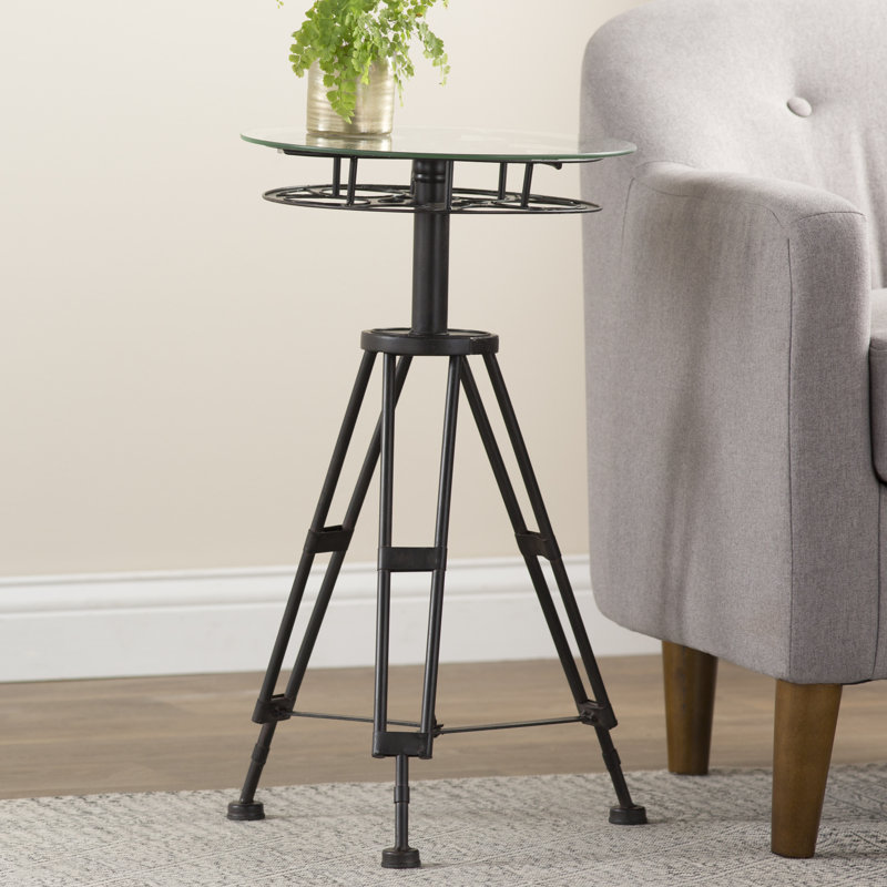 Simen Metal Film Reel Side End Black Accent Table with Tripod Legs and Glass Top