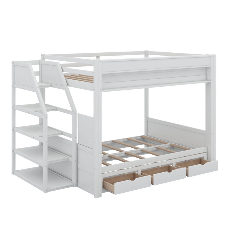 Wood Full Size Bunk Bed With Storage Staircase, Bedside Table And 3 Drawers, White