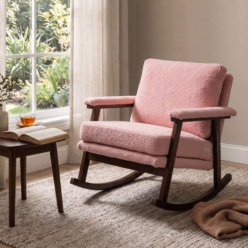 Chaise berçante moderne avec structure en bois massif et coussin moelleux, Rose clair
