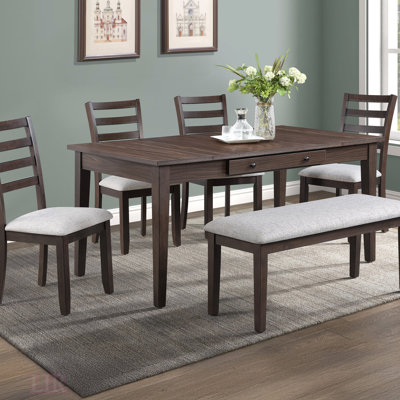Ensemble de salle à manger 6 pièces avec table multifonctionnelle, chaises rembourrées, banc, rangement dissimulé à deux extrémités et tiroirs intégrés au fini bois riche