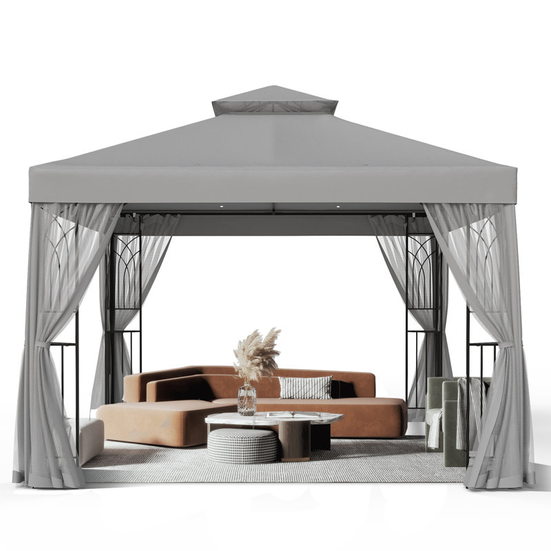 Gray 10x10 Steel Patio Gazebo with Mesh Curtains