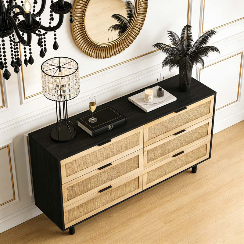 59.06"6-Drawers Rattan Storage Cabinet Rattan Drawer, Black