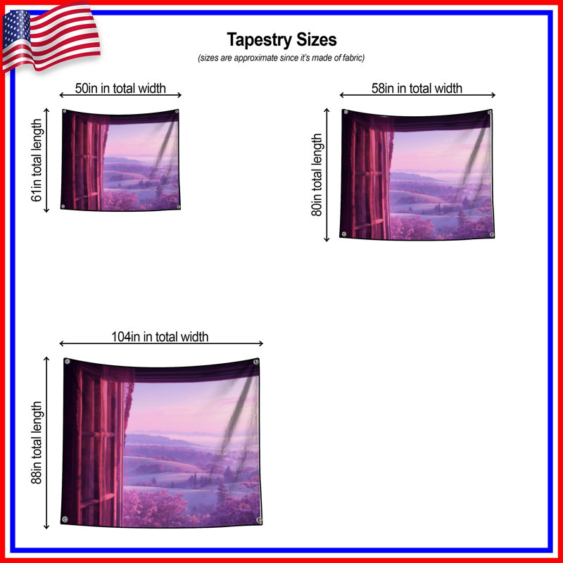 Purple Window View Wall Tapestry - Landscape Wall Decor, 68in H x80in W with 4 Grommets