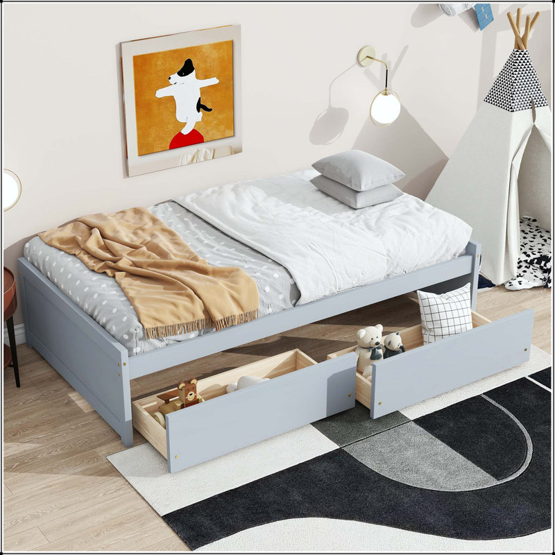 Lit simple avec 2 tiroirs - Bois d'hévéa massif, Gris