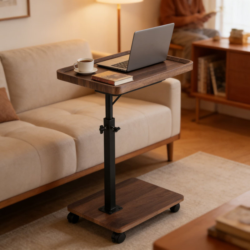Adjustable C-Shaped End Table With Wheels - Height Adjustable Side Table With Rotating Top For Sofa, Bed, Living Room, Home Office, And TV Tray Use