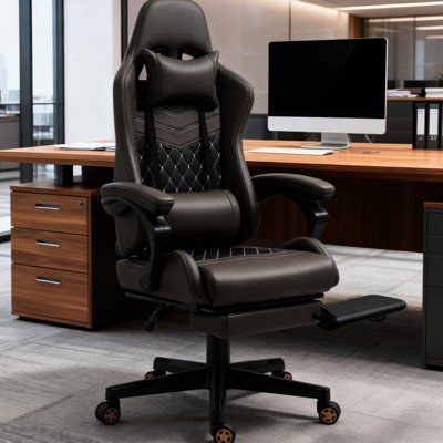 Fauteuil de jeu avec dossier haut, repose-pieds, support lombaire, hauteur réglable, inclinaison de 130 po, pivotement sur 360 °, similicuir losange, brun, charge maximale de 264 lb, ligne ergonomique de bureau de jeu, roues, 274 lb, brun