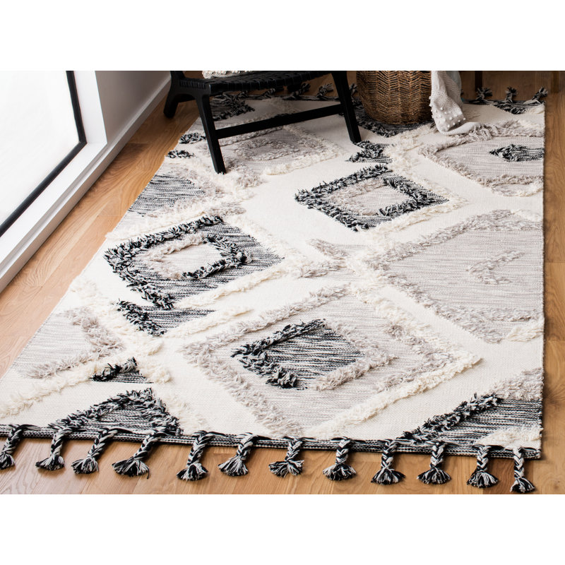 Hand-Knotted Black and Grey Wool Geometric Area Rug, 9' x 12'