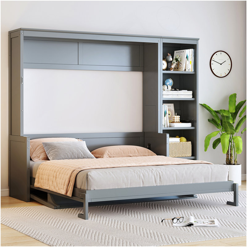 Grand lit escamotable avec bureau et bibliothèque, gris