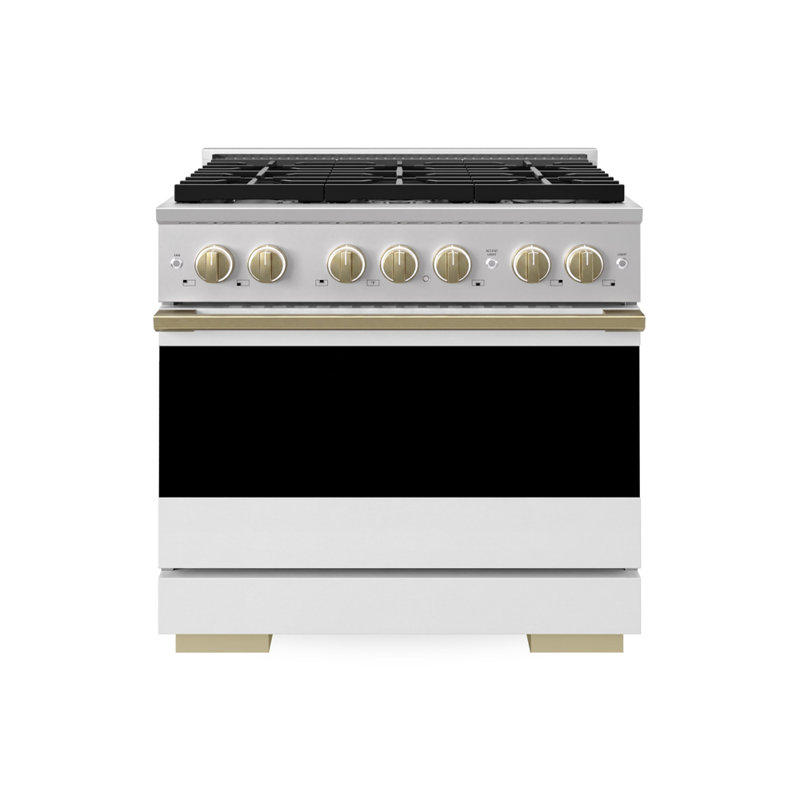 ZLINE Autograph Edition 36 in. Marino Gas Range w/ 6 Gas Burners & Matte Black Accents, White Matte/Champagne Bronze