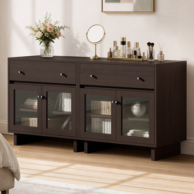 Almaguer 31.3" Wide Sideboard with Drawer, Glass Doors, and Adjustable Shelf (Set of 2), Brown Walnut