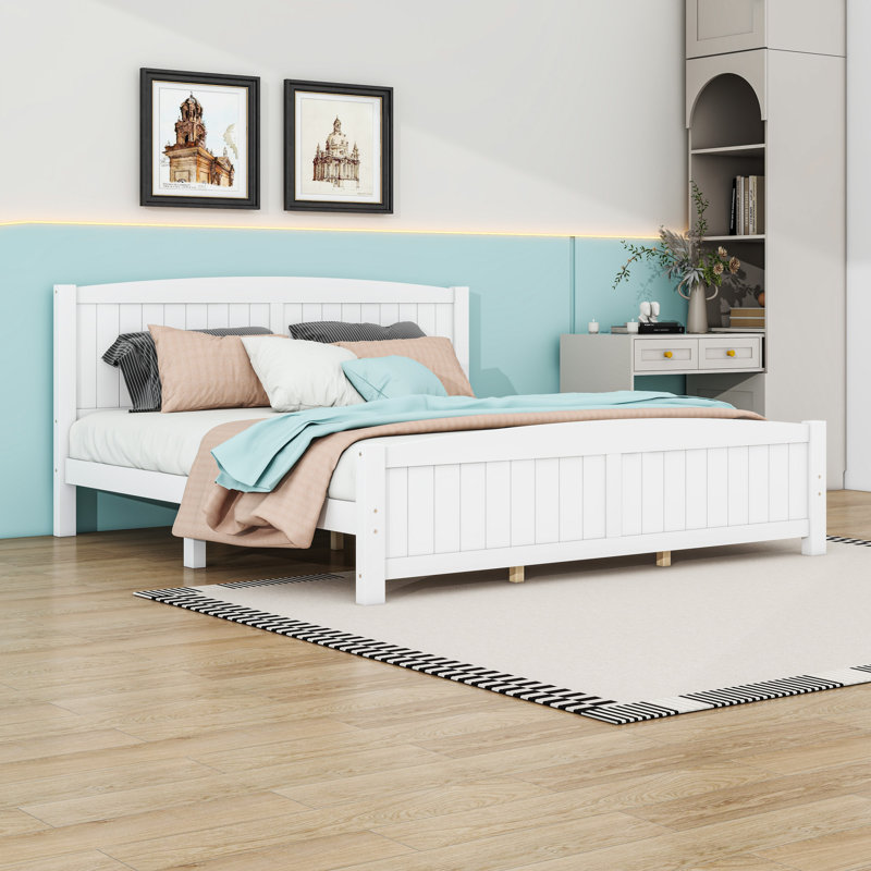 Lit plateforme en bois avec tête de lit et lattes, Très grand lit, Blanc