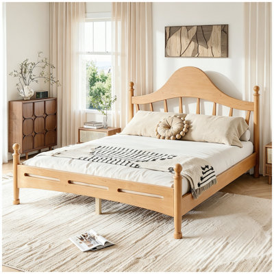 Queen Size Platform Bed with Chic Headboard, Solid Wood BED Frame with Slatted Support, No Box Spring Needed and Low to Ground Design, Natural
