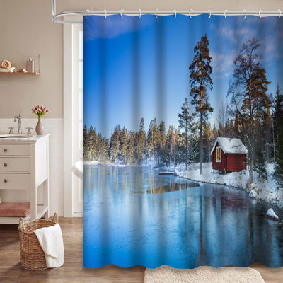 Sweden Lake Cabin Winter Frozen Snow Shower Curtain with 12 Hooks