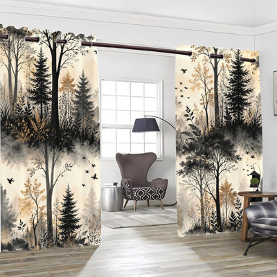 2Pcs Artistic Woodland Wildlife Forest Scene Print Grommet Blackout Curtains, Natural Forest Animal Scenery Pattern, Thermal Insulated, Noise Reducing & Privacy Protection, Decorative Stylish Indoor Home Decor for Bedroom, Living Room, Kitchen