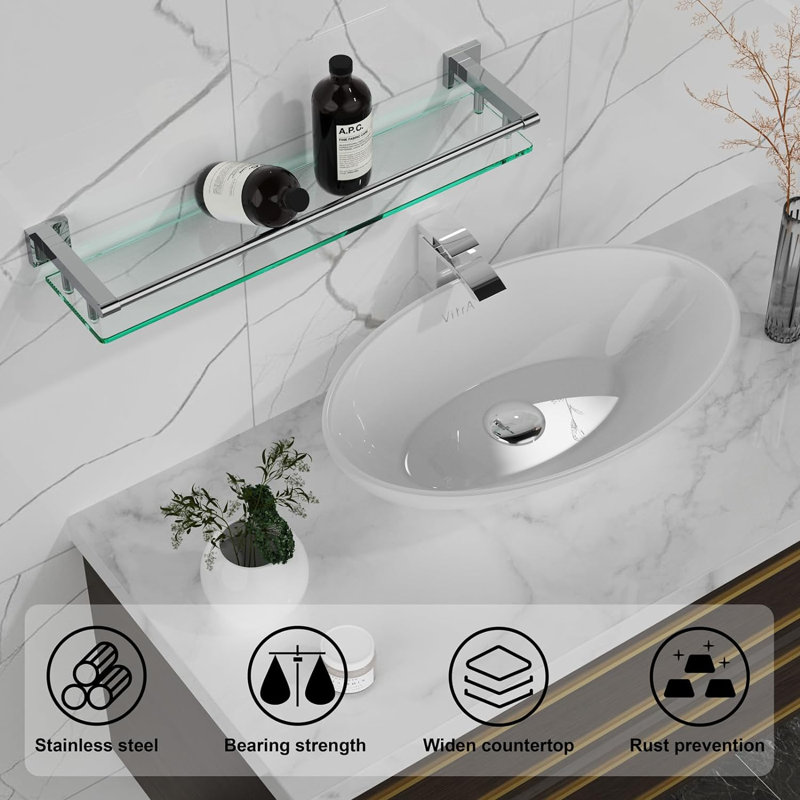Tablette en verre pour salle de bain, Chrome poli