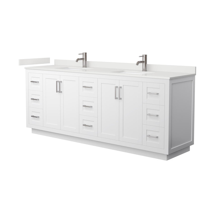 Miranda 84" Freestanding Double Bathroom Vanity with Quartz Top, White Quartz, White, Brushed Nickel