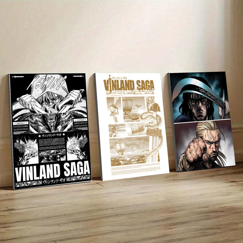 3PCS Wall Arts Posters Framed, Vinland Saga Anime Decorative Canvas Prints Set of 3 Japanese Manga Artwork Wall Decor for Living Room Bedroom Office Modern Home Decoration Featuring Thorfinn and Viking Characters High Quality Poster
