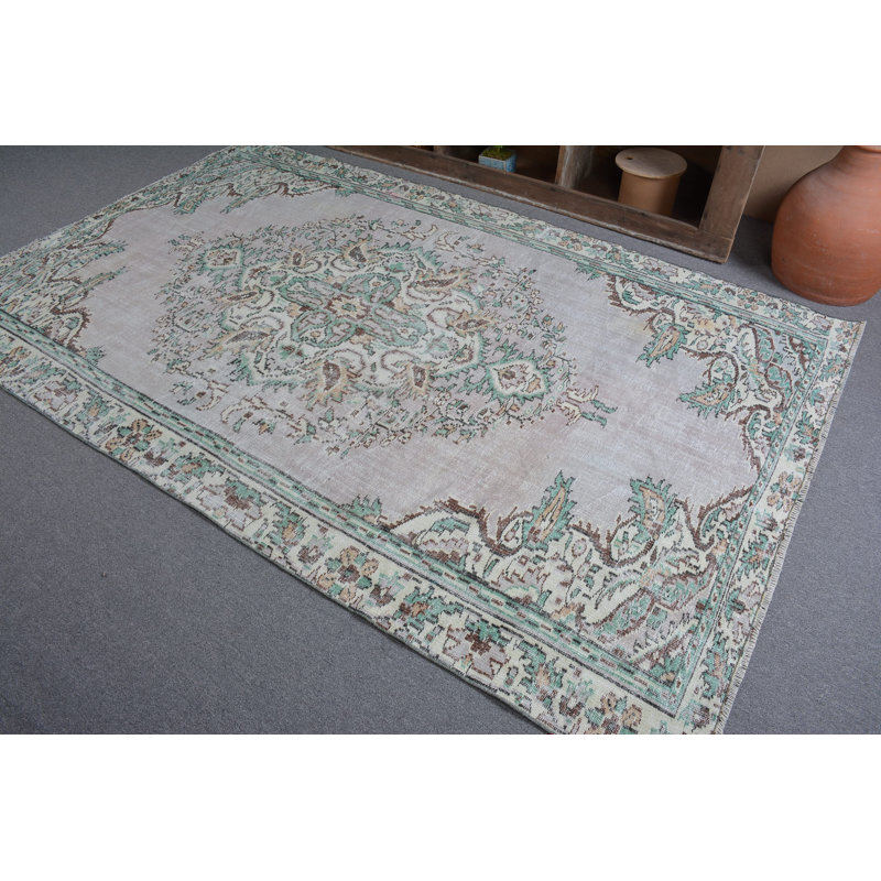 Tapis rétro, tapis verts tissés à la main, tapis frais, grands tapis de 5,5 pi x 8,9 pi, tapis turc