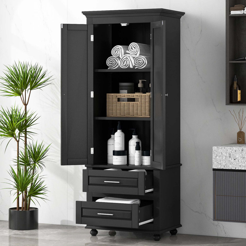 Tall Storage Cabinet With Two Drawers, Black