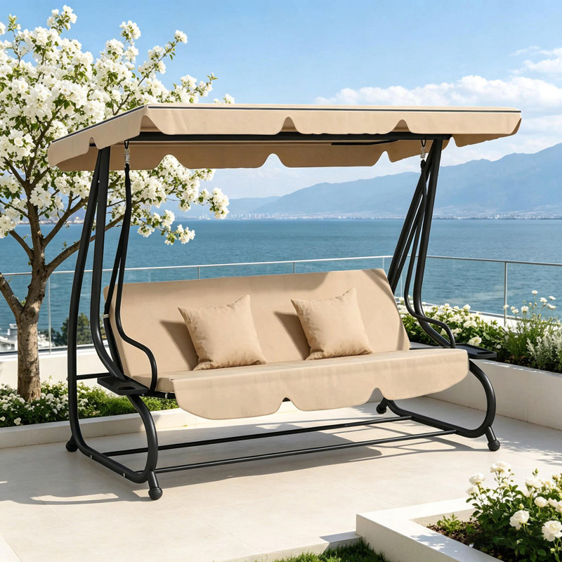 Banc autoportant, balancelle avec support, auvent réglable, coussin et coussins, Beige