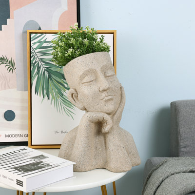 Roemer 14.3" H Thinker Bust Head Planter, Outdoor Statue Planter with Drainage Hole