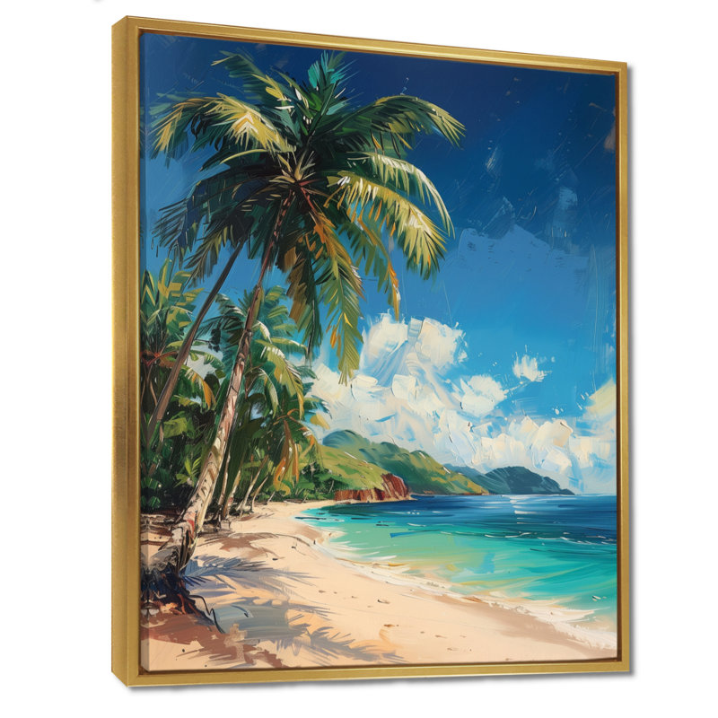 Palmiers verts, brise tropicale I - palmiers et palmiers, art mural du salon, Cadre flottant doré, H 30 po x l 40 po
