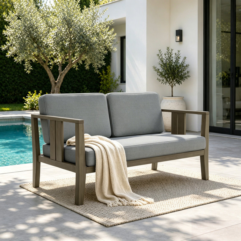 Causeuse d'extérieur en bois de teck avec coussin et accoudoirs Junco, Gris, Brun