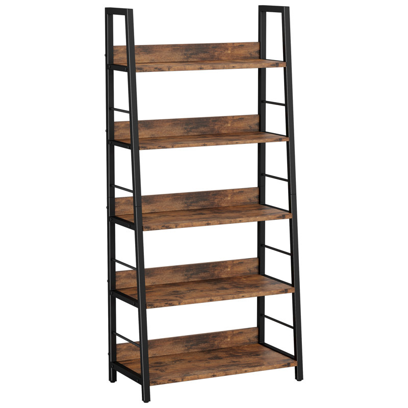 Keedy 59" H 5-Tier Wood and Metal Ladder Bookcase, Vintage Brown