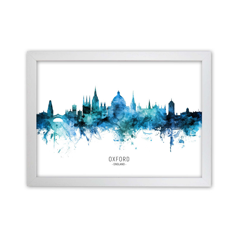 Oxford England Skyline Blue City Name by Michael Tompsett - Print, 46cm H x 63cm W x 3cm D, White Framed