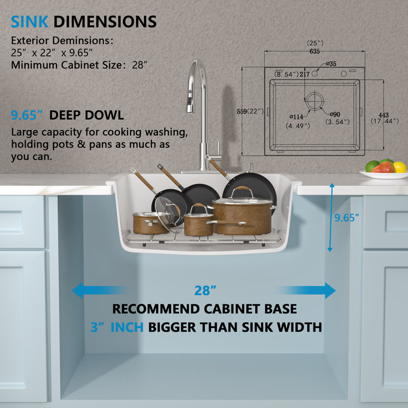 25'' L Drop-In Single Bowl Quartz Kitchen Sink