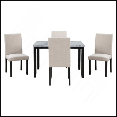 Ensemble de table de salle à manger 5 pièces en faux marbre avec 4 coussins épais, blanc / beige + noir