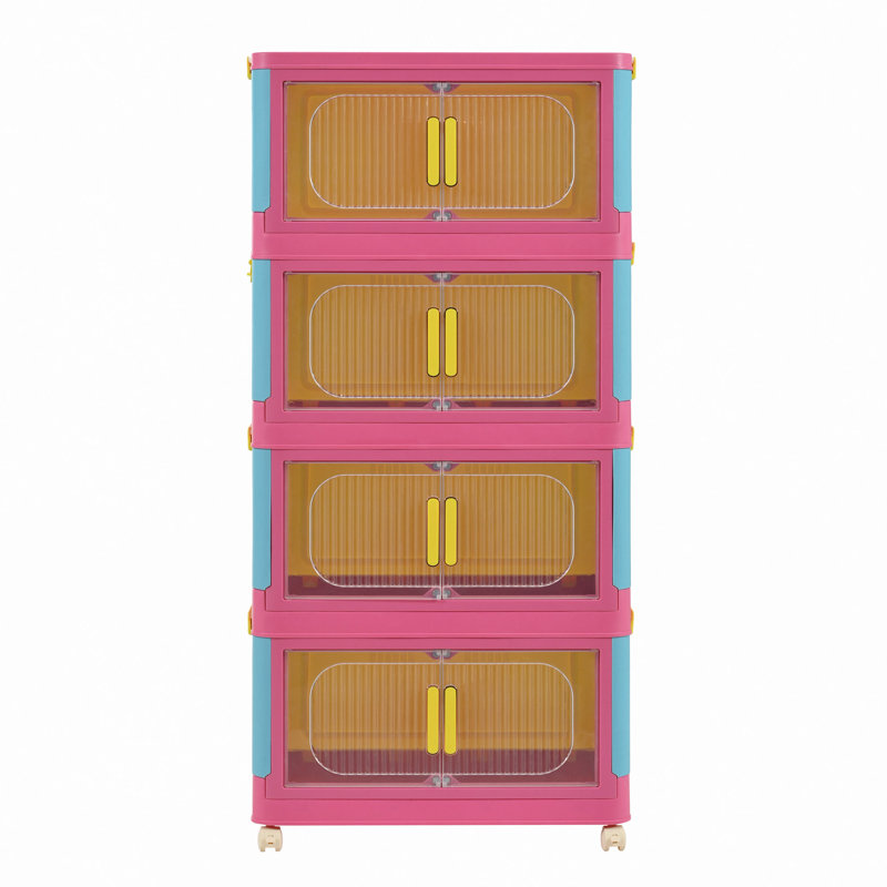 Side Wide Folding Storage Cabinet,Collapsible Storage Bins With Magnetic Door, Plastic Storage Cabinet With Wheels, Blue/Pink