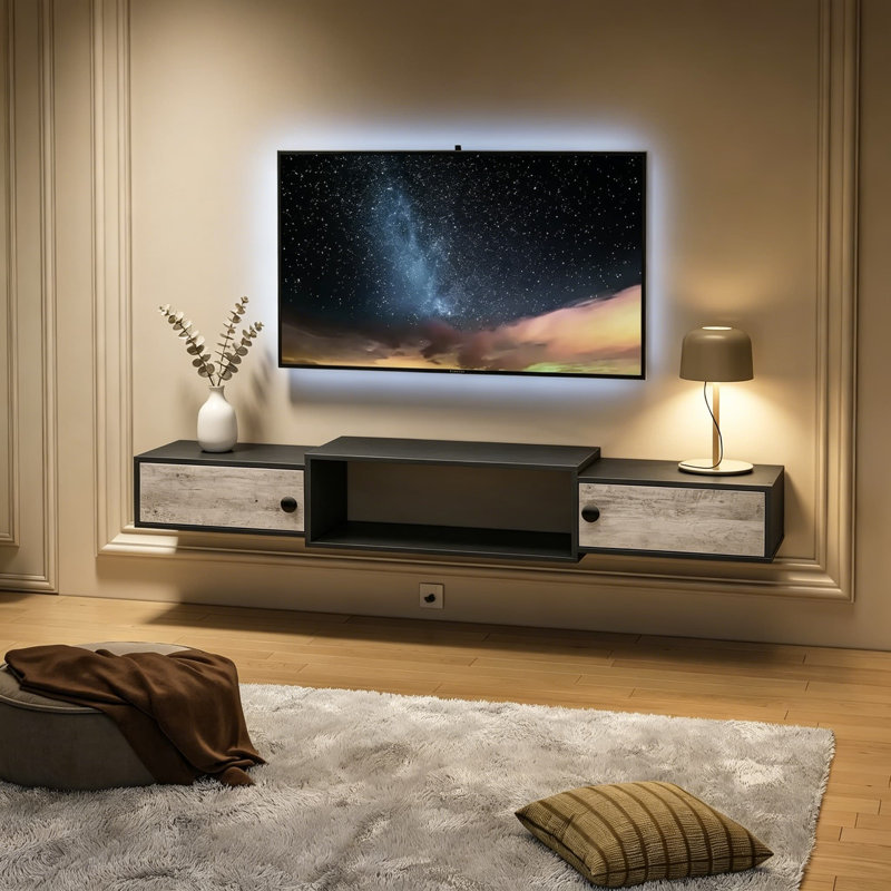 Meuble télé flottant de 55 po avec prises de courant, console multimédia murale avec portes, centre de divertissement moderne pour le salon et la chambre à coucher, grège et noir