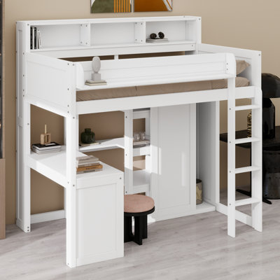 Space-Saving Loft Bed with Wardrobe, Multiple Shelves,Ideal for Small Rooms