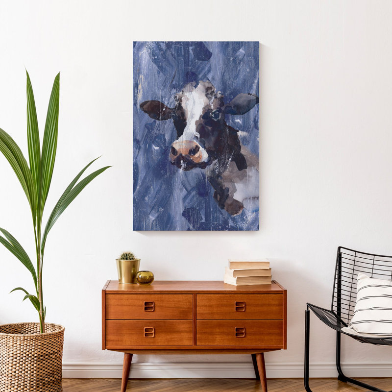 Vache vieillie sur fond bleu marine - peinture sur toile tendue