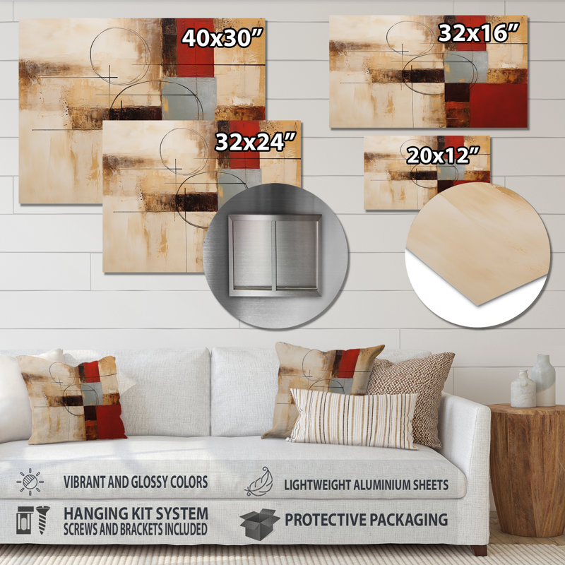 «Cubist Red Beige Colorfields - Abstract Collages», reproduction d'art mural, Métal métal, H 12 po x l 20 po x P 1 po