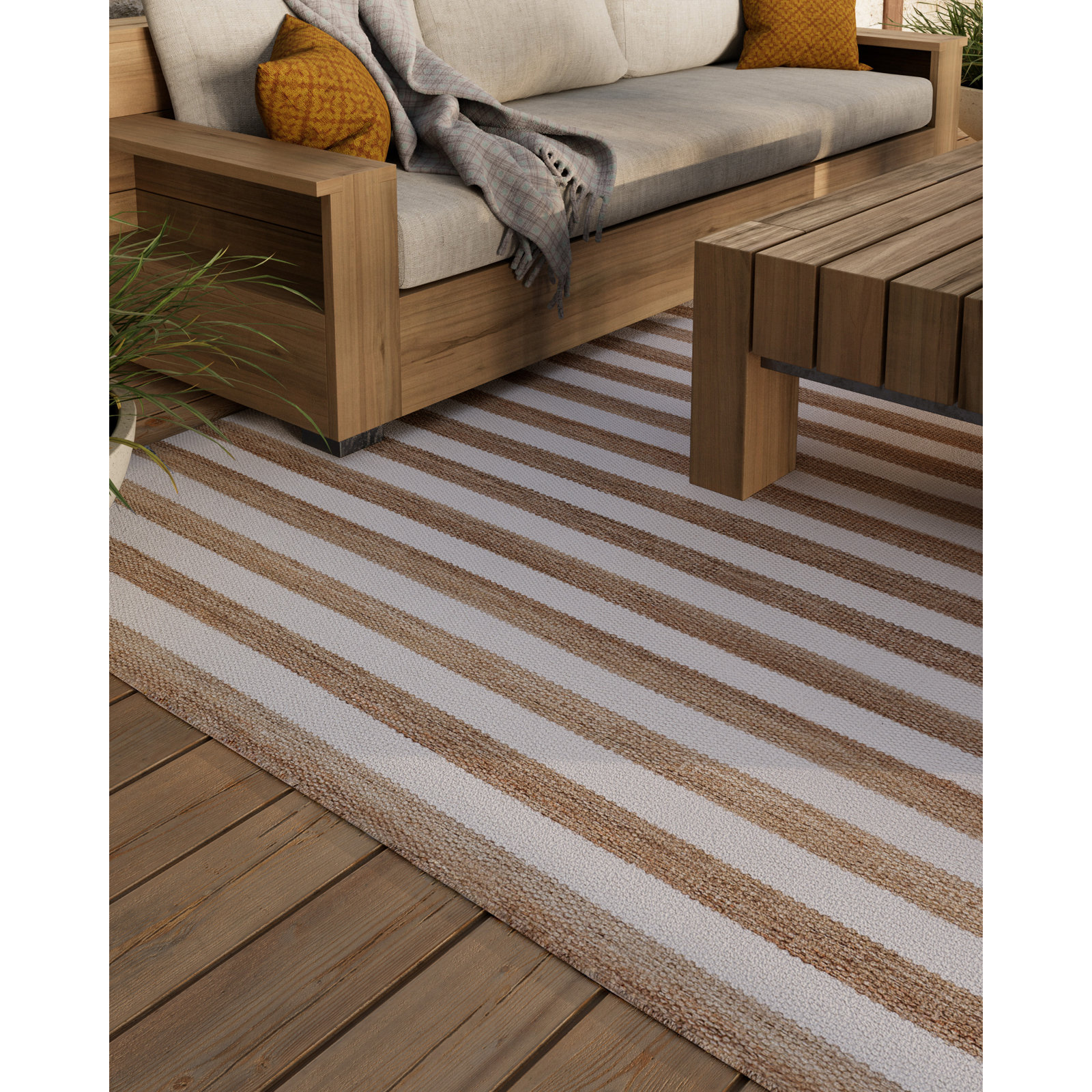 Rockaway Brown Hand-Woven Striped Outdoor Rug, 2'3" X 8' Runner
