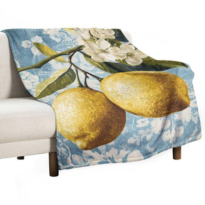 Jeté en flanelle de luxe citrons et fleurs sur toile bleue, couverture douce et chaude pour le canapé-lit du salon