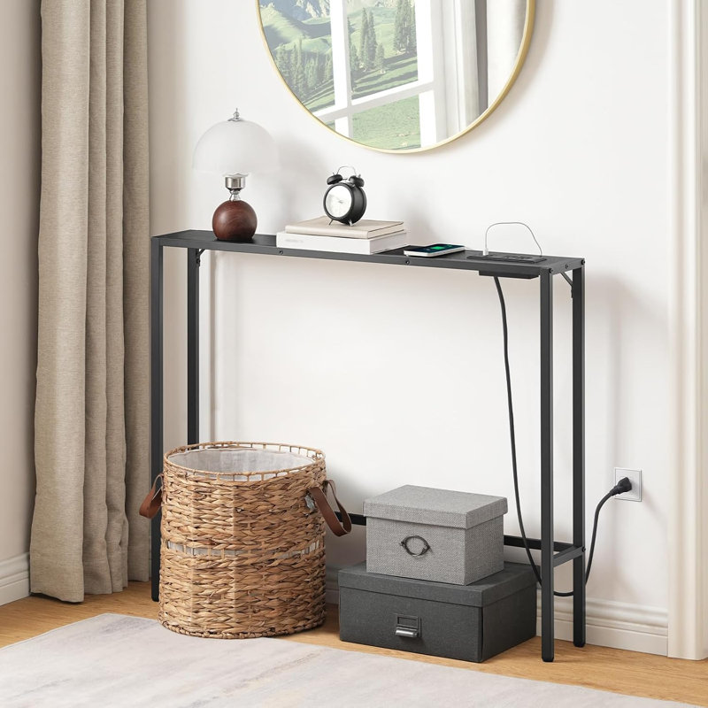 Narrow Console Table With Charging Station - Slim Sofa Table For Small Spaces, Built-In Power Outlets, Sturdy Engineered Wood & Metal Frame, Multi-Functional Entryway Table For Living Room, Hallway, Office