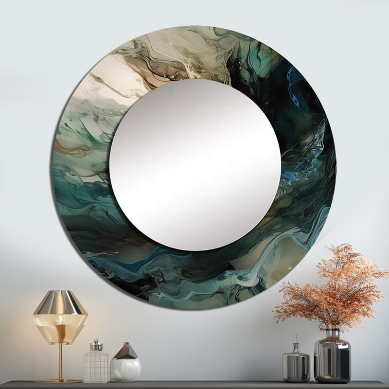 Pinardi Green Black Inner Worlds of Marble I - miroir géométrique, miroir mural rond vert, impression sur métal