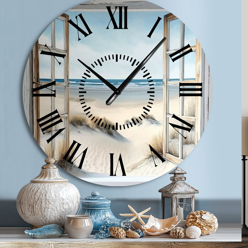 Fenêtre à la plage II - horloge murale plage noire, Grand